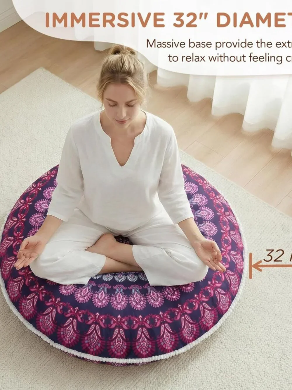 Meditation Floor Pillow Set of 2, Round Large Pillows Seating for Adults, Bohemi - Picture 2 of 9